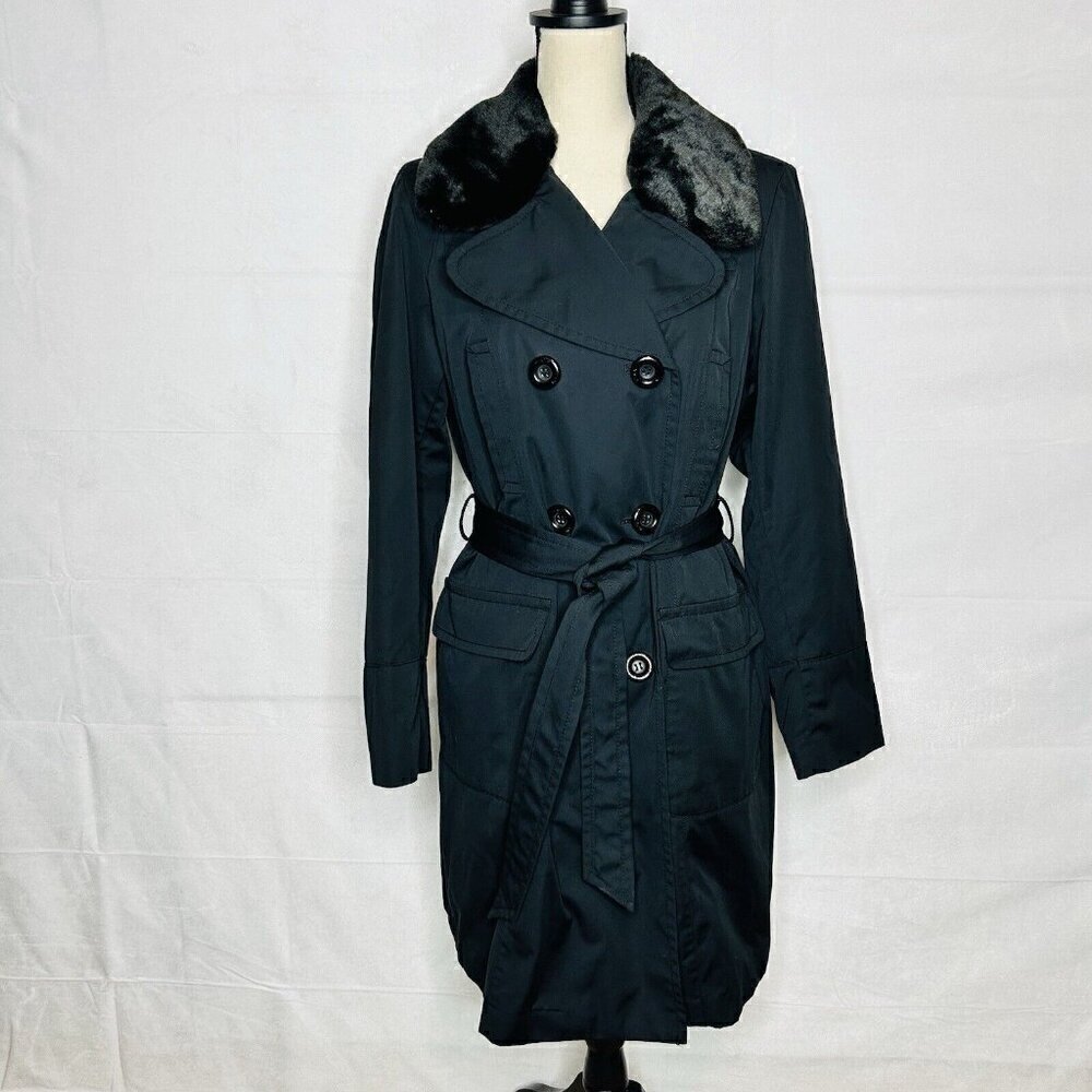 Jones New York Coat Size Large Black Faux Fur Removeable Collar Belted Trench